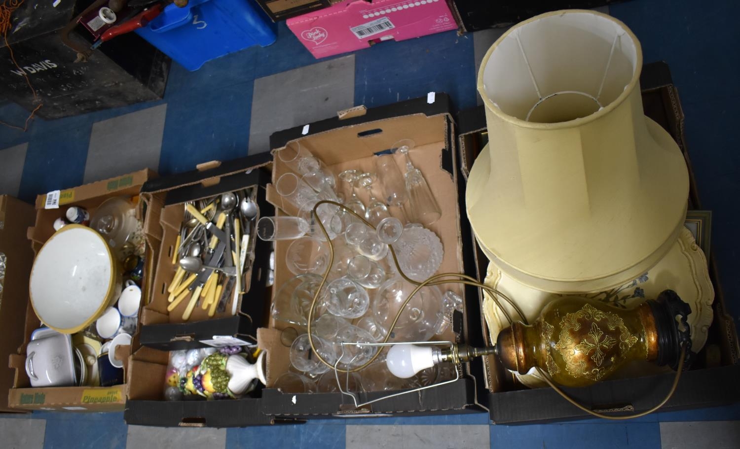 Four Boxes of Various Ceramics, Cutlery, Glassware, Silver Plated and Other Photo Frames, Lamp