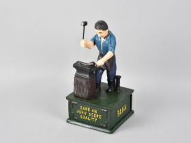 A Reproduction Cold Painted Cast Iron American Novelty Money Bank, "Bank on John Deere Quality",