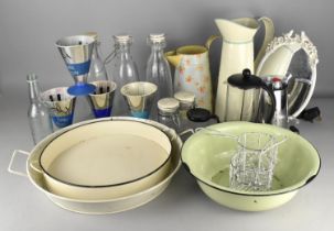 A Collection of Kitchen Sundries to Comprise Enamel Dishes, Ewers, Tala Measures, Glass Bottles etc