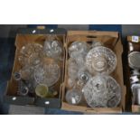 Two Boxes of Various Cut and Moulded Glassware to Comprise Candlesticks, Bowls etc