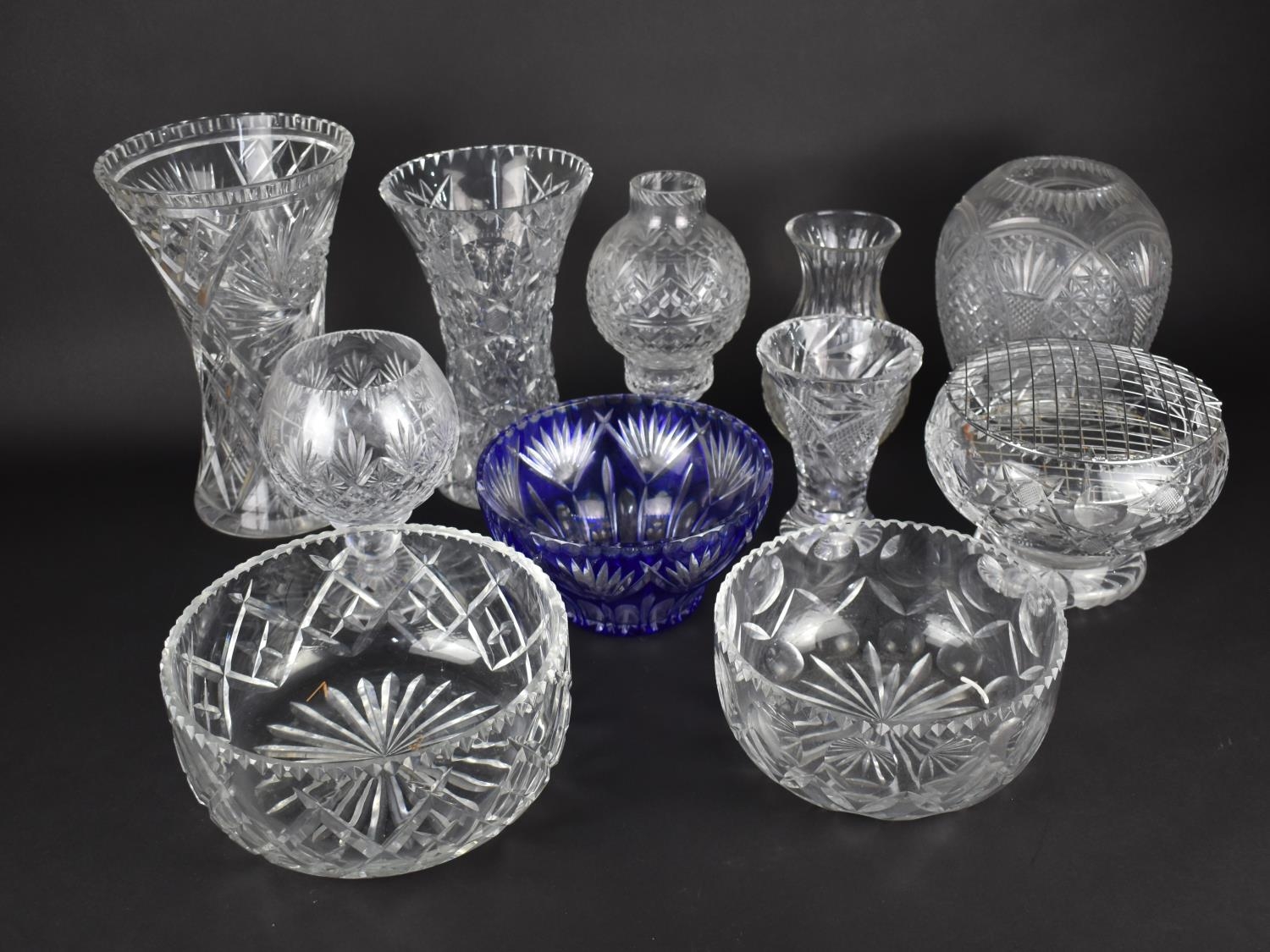 A Collection of Various Large Cut Glass Vases, Hurricane Lamp, Bowls, Overlaid Bowl etc, Tallest