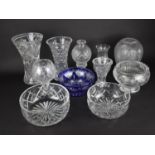A Collection of Various Large Cut Glass Vases, Hurricane Lamp, Bowls, Overlaid Bowl etc, Tallest