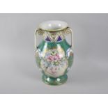 A Japanese Porcelain Twin Handled Vase of Baluster For, Decorated with Hand Painted Rose