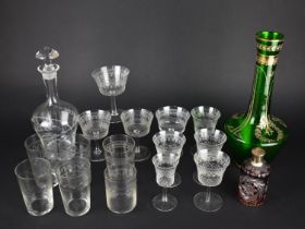 A Collection of Various Edwardian Etched Drinking Glasses and a Decanter Together with an Overlaid