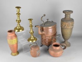 A Collection of Various Copper and Brass to Comprise Copper Kettle (Missing Handle Part) on Burner