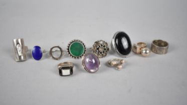 A Large Collection of Silver Rings to include Malachite Mounted Example, Amethyst Cabochon, Large