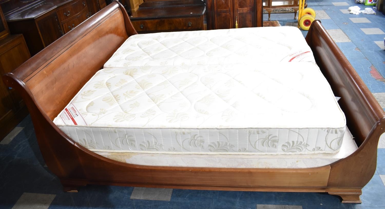 A Modern French Mahogany Sleigh Bed, California King Size for 72" Mattress but Currently having - Image 2 of 4