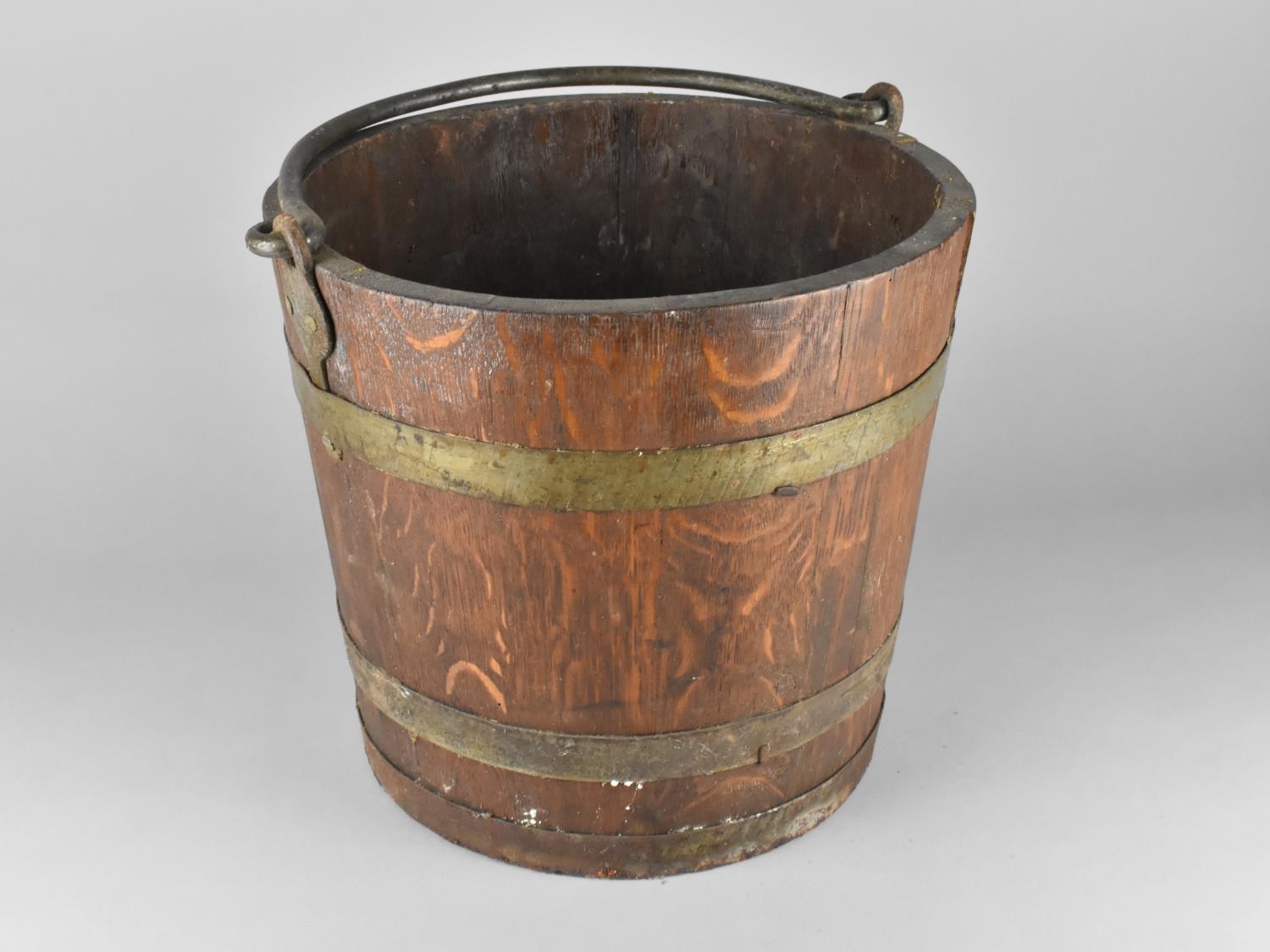 A 19th Century Brass Banded Coopered Oak Bucket with Steel Hoop Handle, 33cms Diameter and 31cms - Image 3 of 3