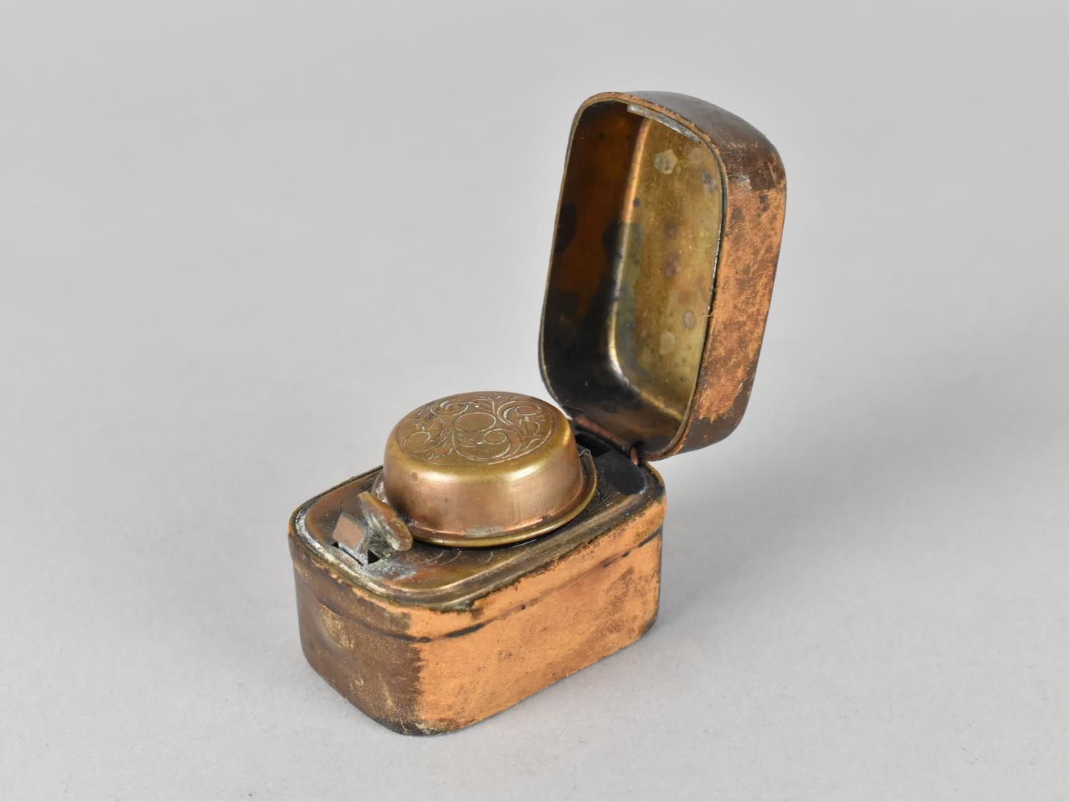 A Late 19th Century Traveling Inkwell with Leather Case, Hinged Lid Inscribed "Ink", 5cms Long - Image 2 of 3