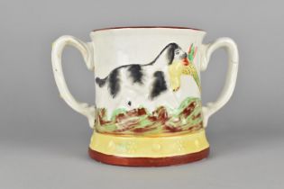 A 19th Century Relief Decorated Loving Mug, Decorated with Sporting Dog, 14cm high