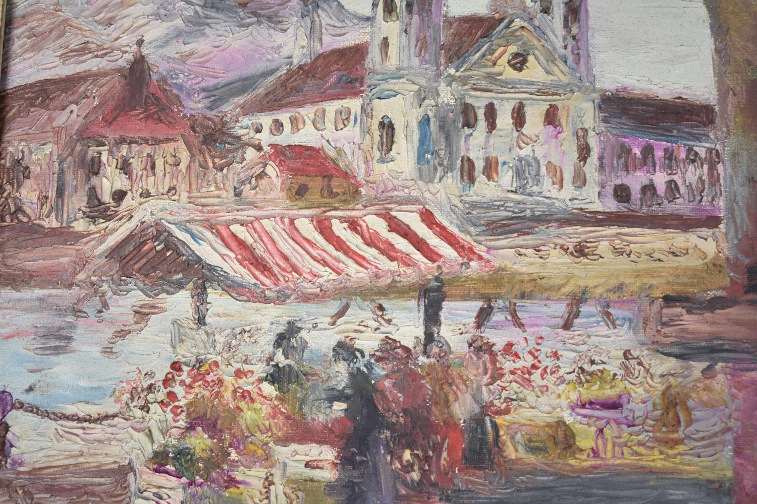 A Framed Impressionist Oil on Canvas, Market Flower Stall with Church in Background, 39x49cms - Image 2 of 2