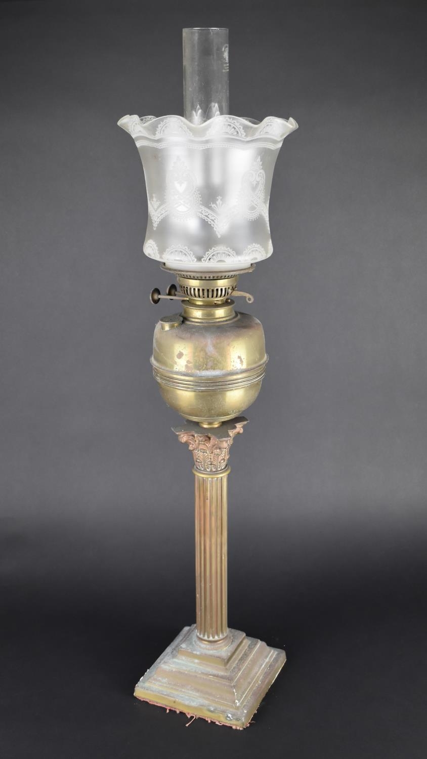 A 19th Century Brass Oil Lamp with Reeded Corinthian Column Support on Stepped Square Base, Etched