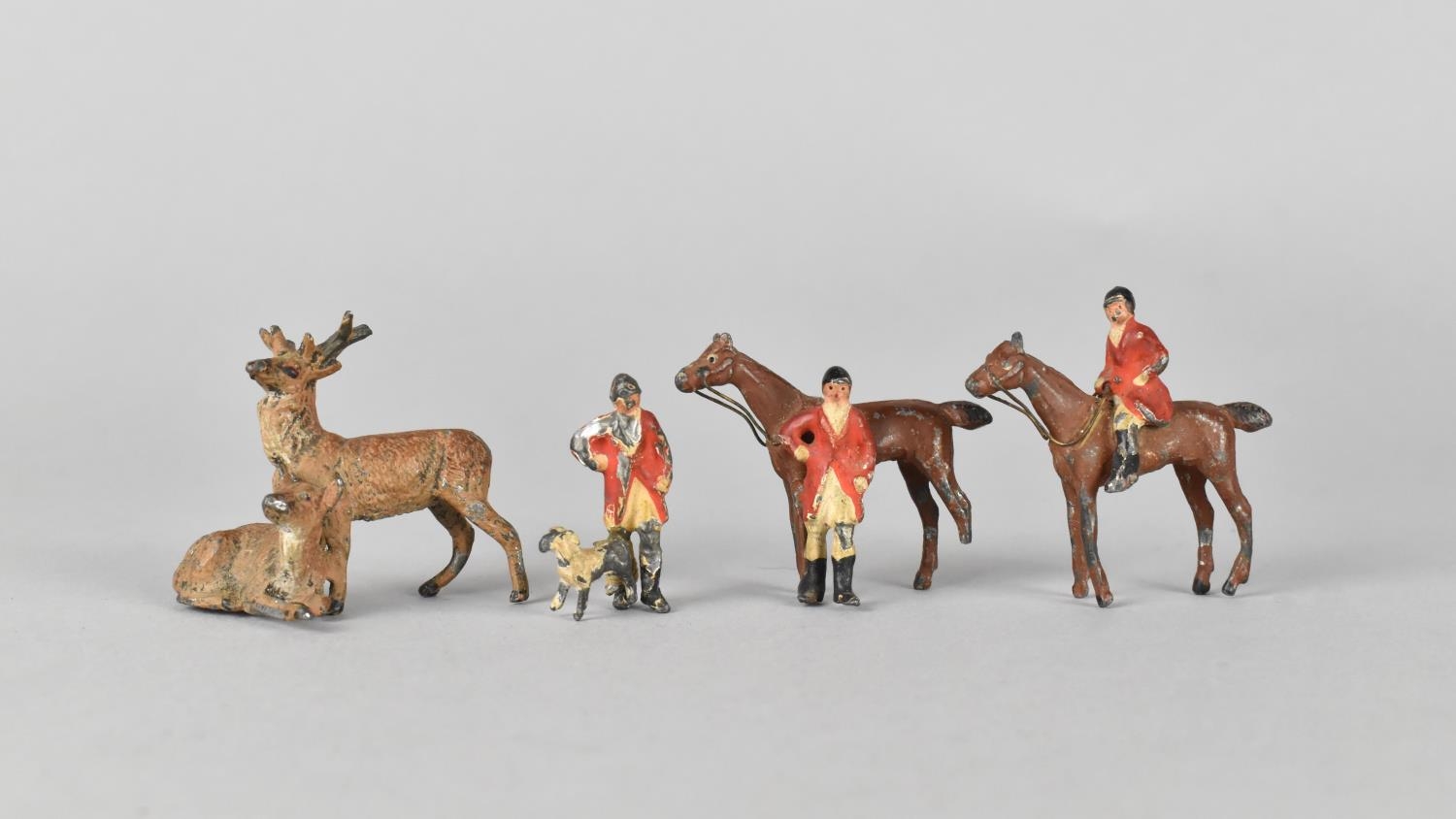 A Small Collection of Cold Painted Spelter Hunting Figures, Stags Etc