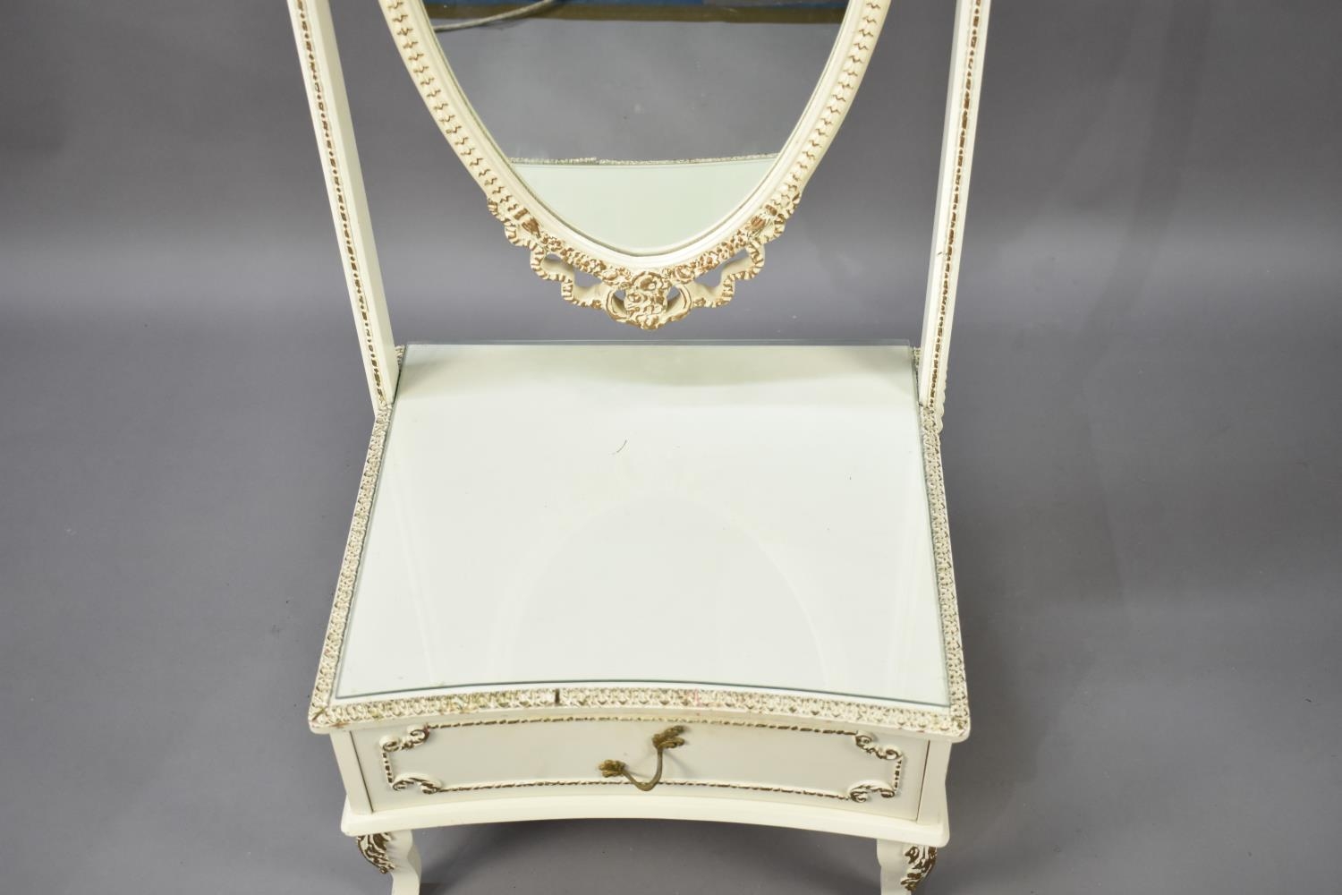 A Mid 20th Century Cream and Gilt Cheval Dressing Mirror with Base Drawer - Image 2 of 2