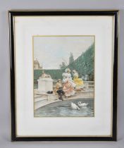 A Framed Print Depicting Society Girls Fishing In Country House Waterfall, 24x33cms