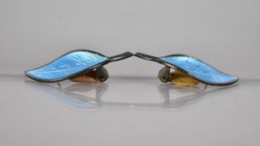 David Anderson: A Pair of Blue Enamel and Silver Clip On Earrings of Leaf Design, Stamped Verso