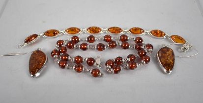 A Collection of Silver Mounted Amber Jewellery to comprise Earrings, Bracelet and Necklace