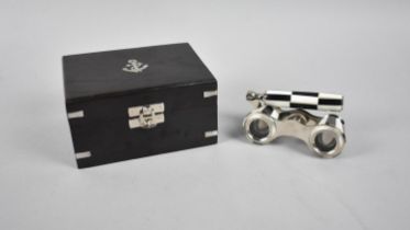A Wooden Cased Set of Reproduction Opera Glasses with Hinged Handle, 9cm Wide