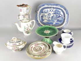 A Collection of Ceramics to Comprise Majolica Pedestal Dish, Willow Pattern Platter, Indian Tree etc