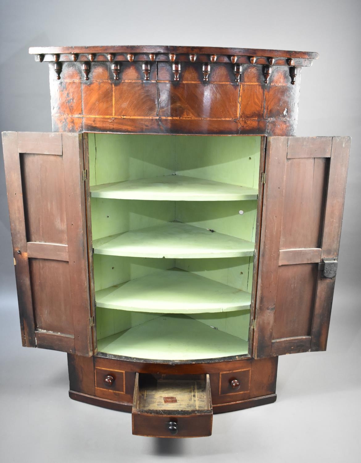 A Mid 19th Century Inlaid Mahogany Bow Fronted Wall Hanging Corner Cabinet with Panelled Doors and - Image 2 of 2