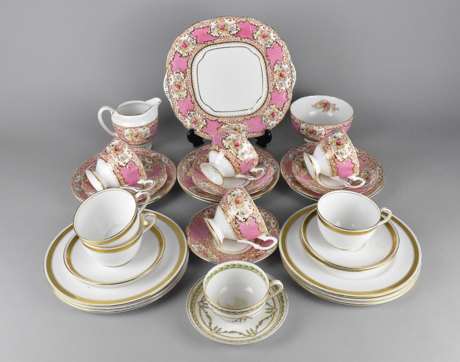 A Part Salisbury China Tea Set Decorated with Floral Cartouches on Pink Insets and Gilt Detailing to