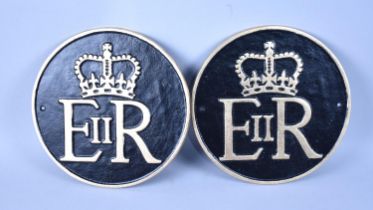 A Pair of Cold Painted Circular Aluminium Queen Elizabeth Plaques, 24cms Diameter, Plus VAT