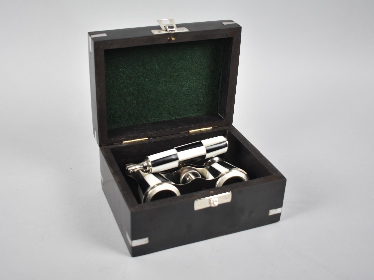 A Wooden Cased Set of Reproduction Opera Glasses with Hinged Handle, 9cm Wide - Image 2 of 2