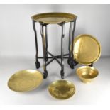 A Chinese Brass Tray Top Table Having Wooden Folding Support Together with Other Chinese Brass