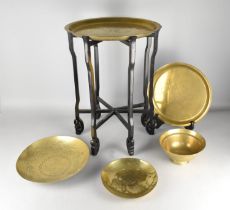 A Chinese Brass Tray Top Table Having Wooden Folding Support Together with Other Chinese Brass
