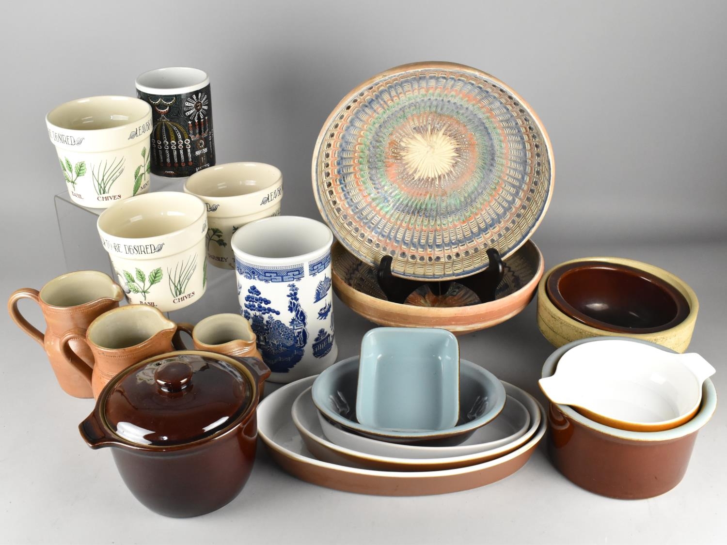 A Collection of Ceramics to Comprise a Pair of Slip Glazed Bowls, 29cm Diameter, Stoneware Jus,