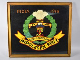 A Framed Military Embroidery, Middlesex Regiment, India 1916, 50x43cms