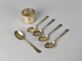 A Set of Five Silver Teaspoons Together with a Silver Napkin Ring, 107g