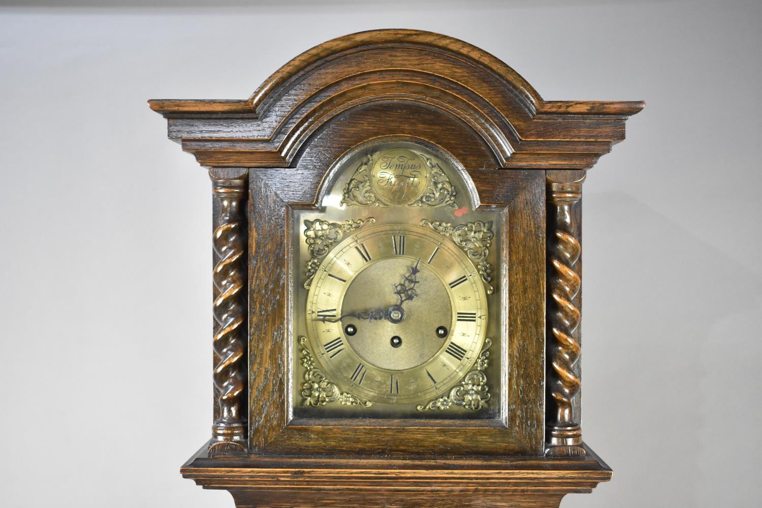 A Mid 20th Century Oak Grandmother Clock with Brass Tempus Fugit Arched Dial, Westminster Chime - Image 2 of 3