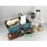 A Collection of Various Vintage and Later Sundries to Comprise Enamel Jug, Radios, Oil Lamps,