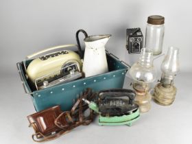 A Collection of Various Vintage and Later Sundries to Comprise Enamel Jug, Radios, Oil Lamps,