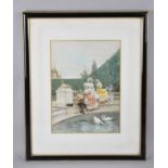 A Framed Print Depicting Society Girls Fishing In Country House Waterfall, 24x33cms