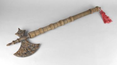 A Reproduction Ornamental Axe with Turned Wooden Handle, 59cms Long