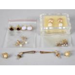 A Collection of Seven Pairs Various 9ct Gold and Yellow Metal Jewelled Earrings to include Pearl,