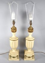 A Pair of Gilt and Cream Tall Table Lamps in the Form of Vases, No Shades, 55cms High