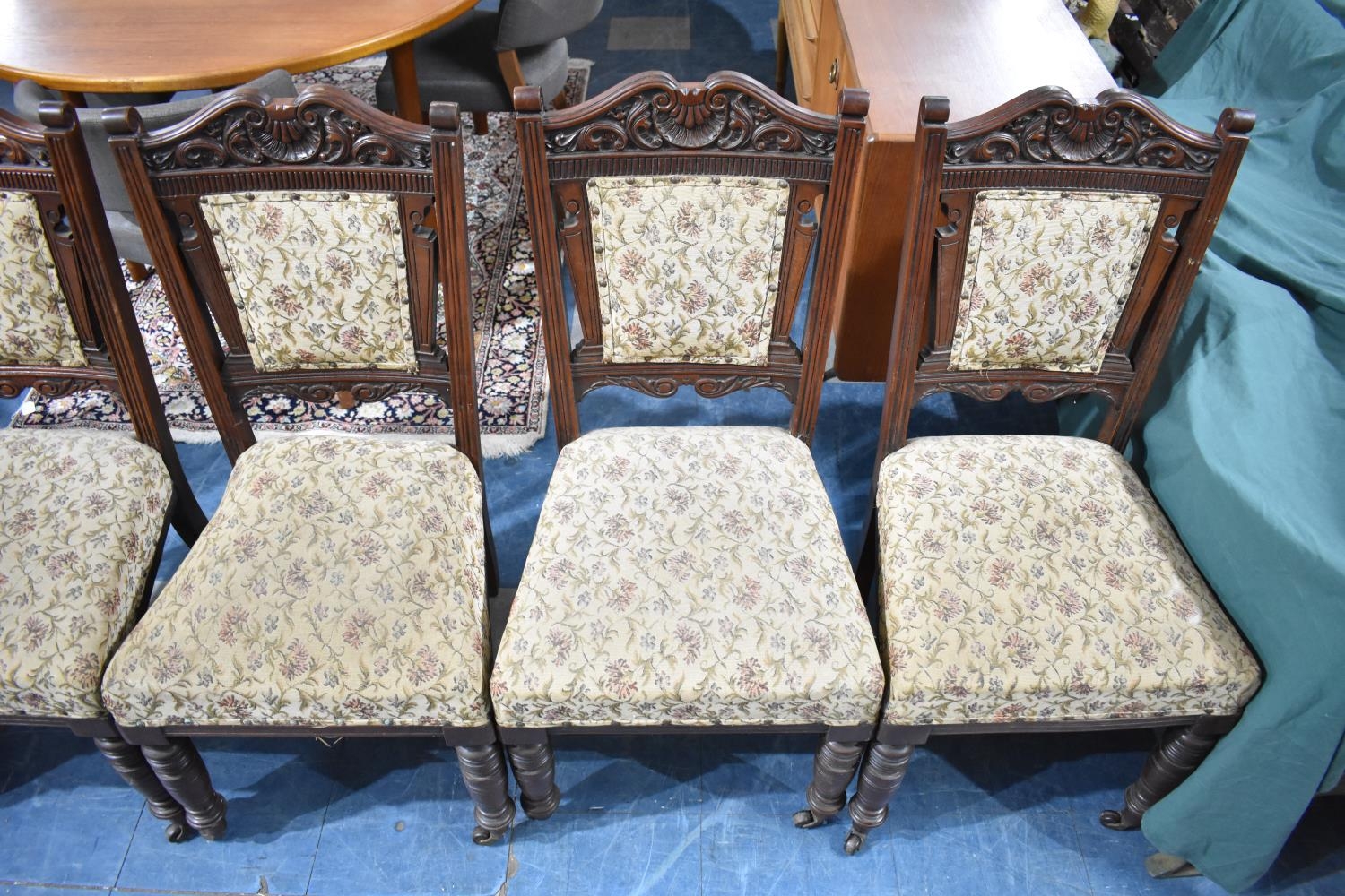 A Set of Six Edwardian Carved Mahogany Framed Dining Chairs with Tapestry Seats and Back Panels - Image 3 of 3