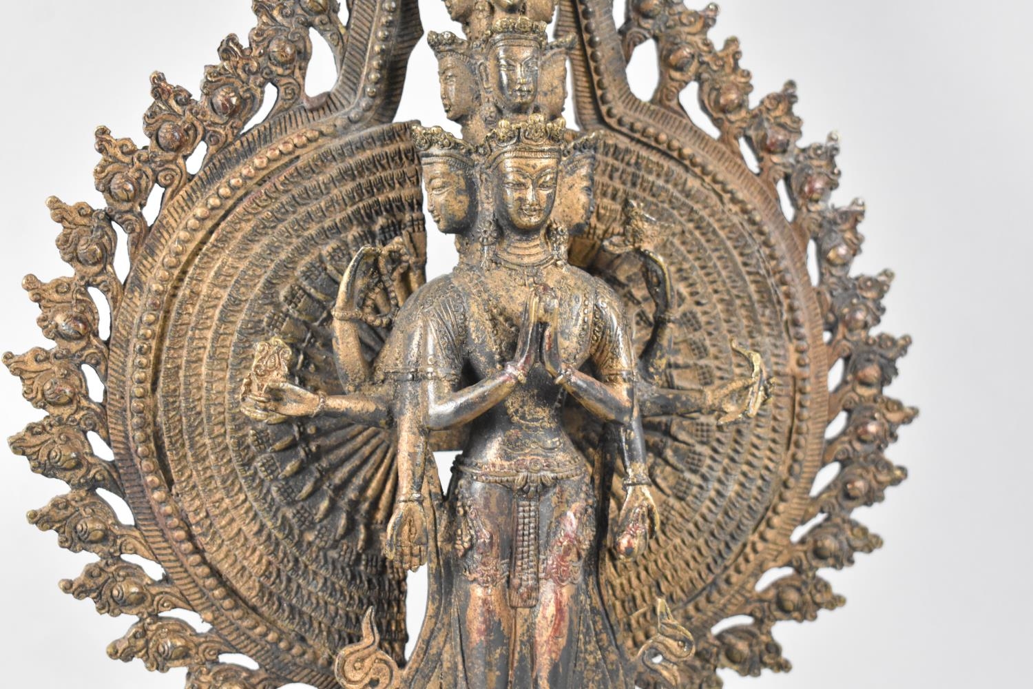 A Large Indian Patinated Bronze Temple Altar Piece Depicting Standing Deity with Many Heads and - Image 3 of 4