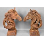 A Pair of Large and Heavy Rusted Iron Gate Post/Wall Finials in the Form of Horse's Heads, Tallest