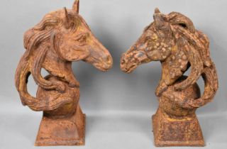 A Pair of Large and Heavy Rusted Iron Gate Post/Wall Finials in the Form of Horse's Heads, Tallest