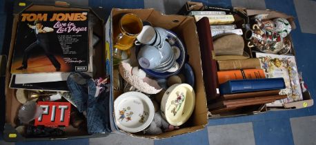 Four Boxes of Various Items to Comprise Royal Doulton Teawares, Japanese Satsuma Vases, Records,