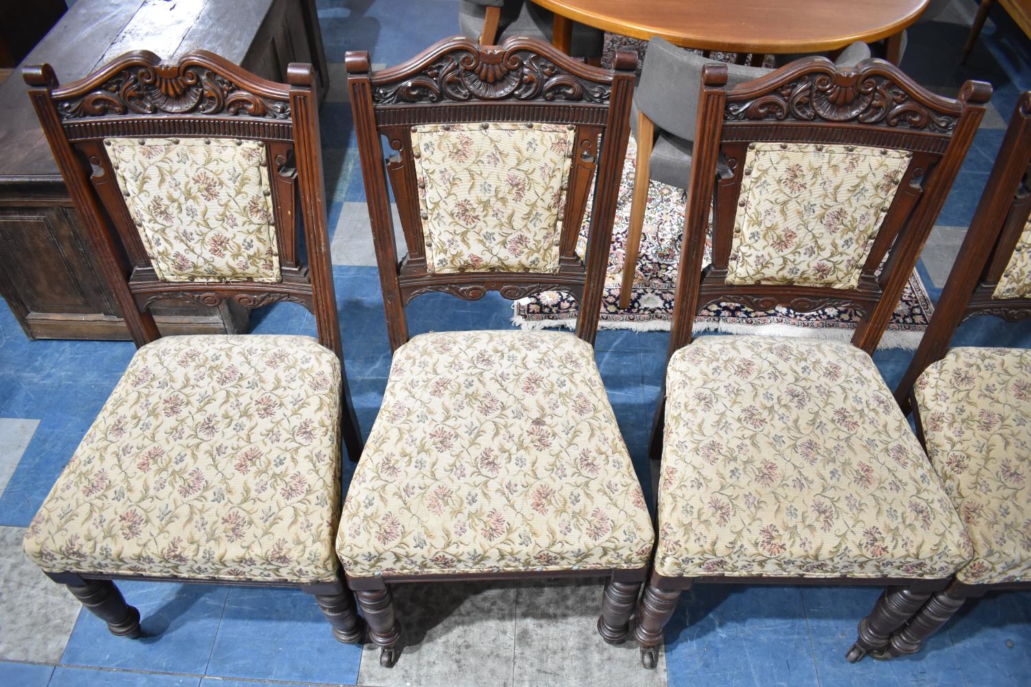 A Set of Six Edwardian Carved Mahogany Framed Dining Chairs with Tapestry Seats and Back Panels - Image 2 of 3