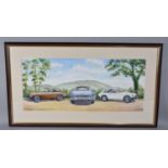 A Framed Watercolour Depicting Three MGB Motorcars in front of the Wrekin, 73x32cms, Monogrammed RGS