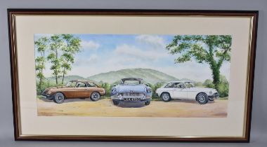 A Framed Watercolour Depicting Three MGB Motorcars in front of the Wrekin, 73x32cms, Monogrammed RGS
