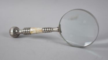 A Modern Silver Plated and Mother of Pearl Handled Desktop Magnifying Glass, 25.5cms Wide