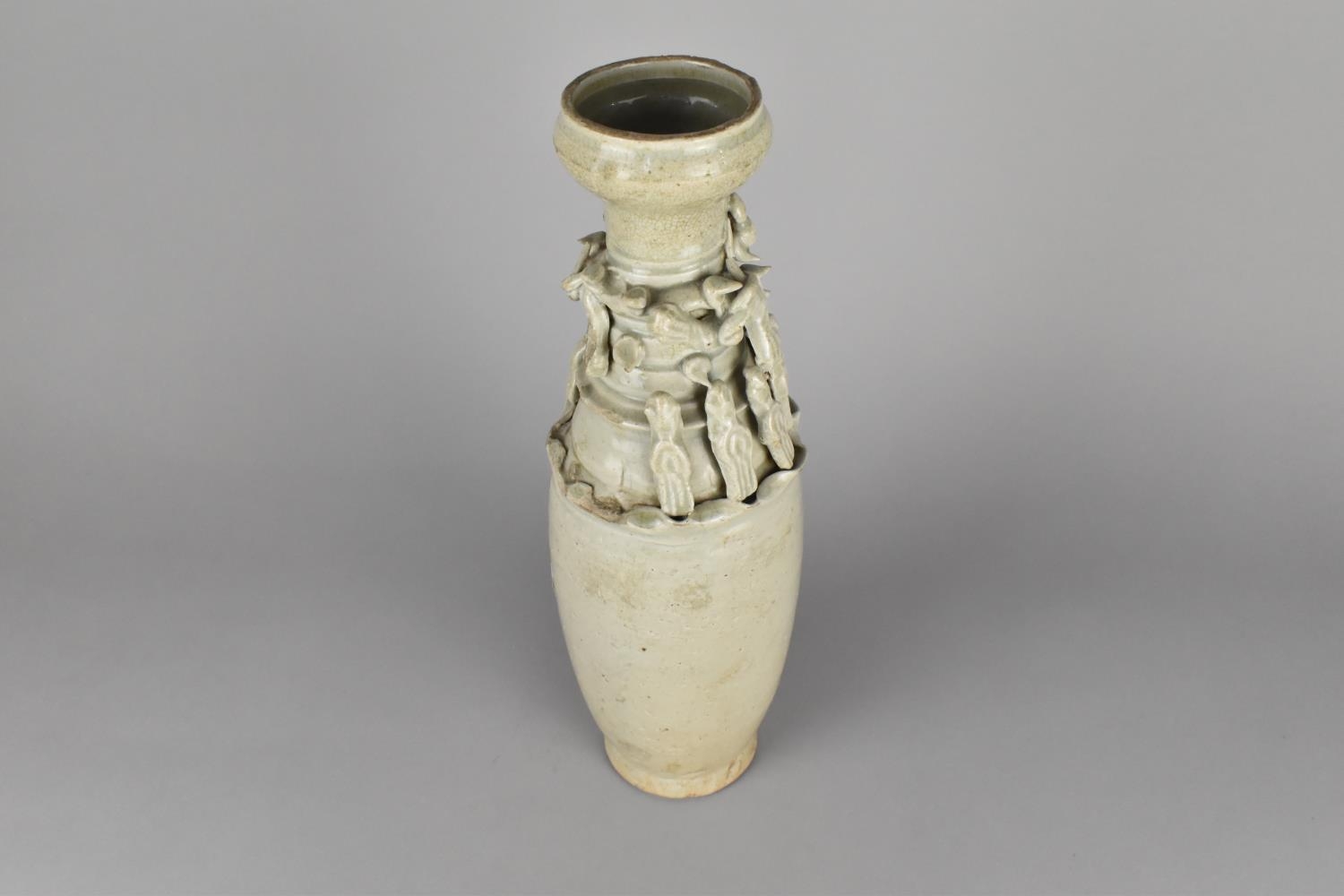 A Song Dynasty Type Chinese Celadon Glazed Funerary Jar Decorated with Applied Dragon and Figures in - Image 2 of 3