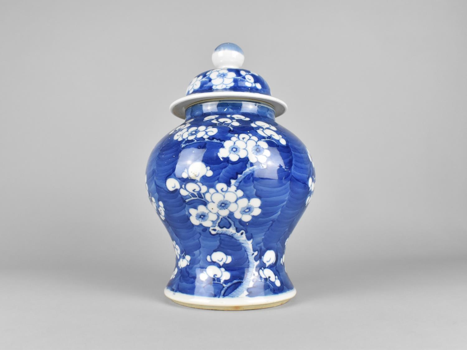 A Chinese Late Qing Dynasty Porcelain Blue and White Prunus Pattern Jar and Cover, Four Character